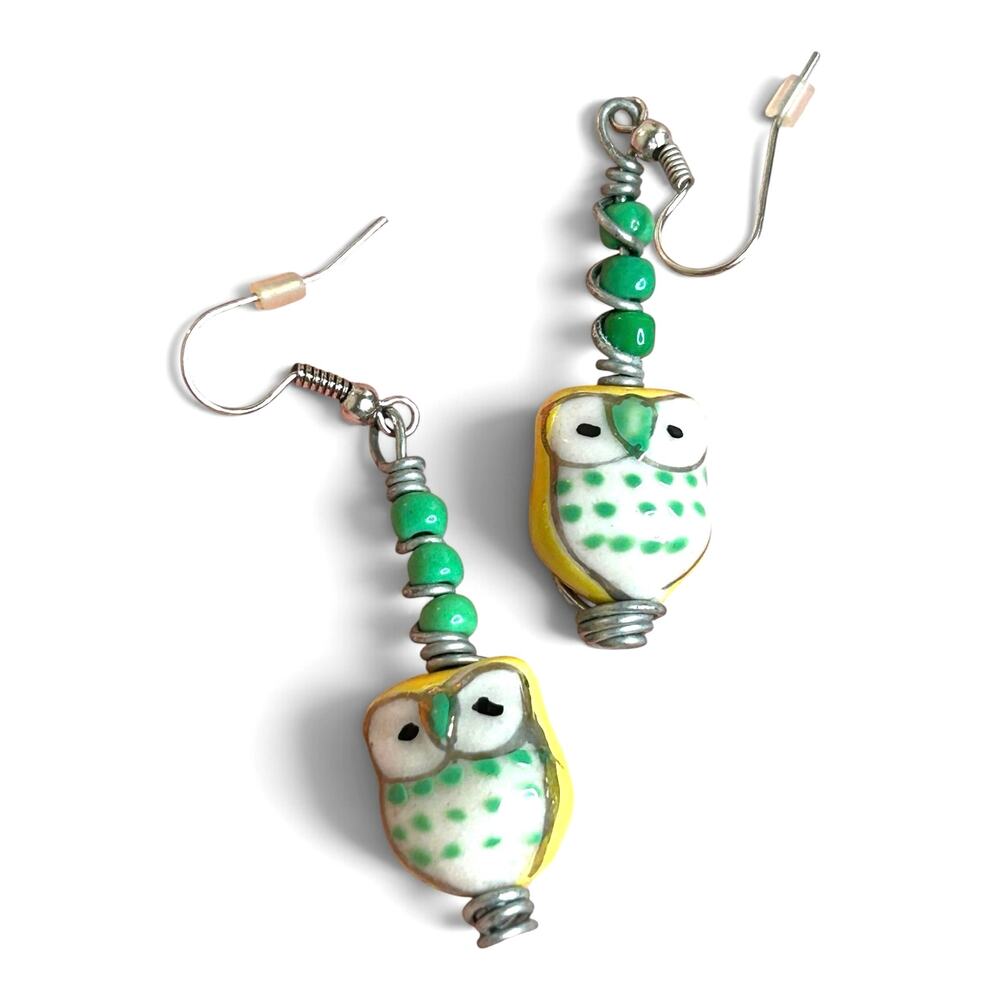Handcrafted Ceramic Owl Dangle Earrings Yellow Green Porcelain Bead Whimsical